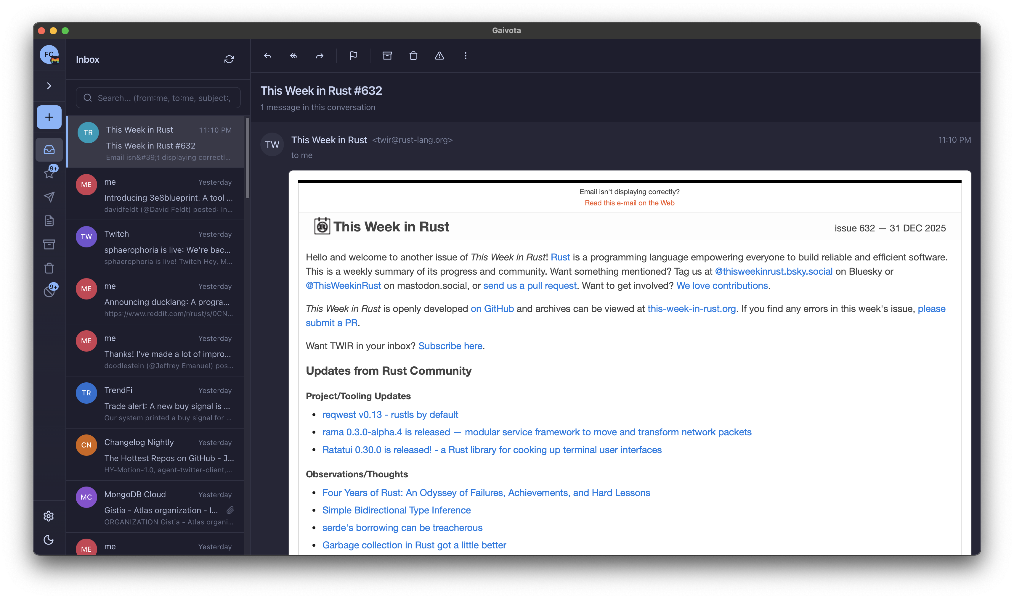 Gaivota email client showing inbox and email preview